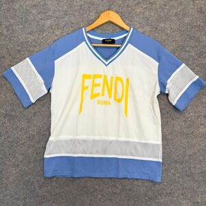 Fendi Shirt Mens Large Roma Mesh V Neck Yellow Blue White Hockey‎ Designer Tee